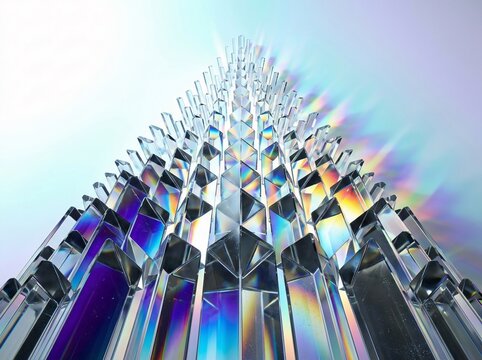 Tall tapering tower structure constructed from prisms displaying spectral rainbow light dispersion and crystal clarity creating ethereal atmosphere of refractive colors on white gradient backdrop.