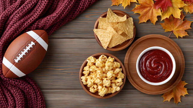 Tailgate snacks with football, cozy blanket, and autumn leaves on rustic wooden table for fall game day celebration