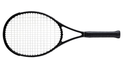 Black tennis racket with white strings and black grip © Sylas