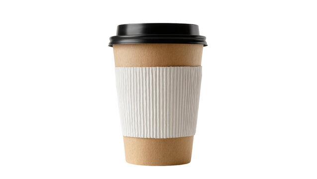 Disposable coffee cup with black lid and ribbed sleeve