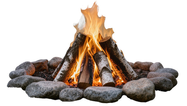 Campfire with burning logs and stones