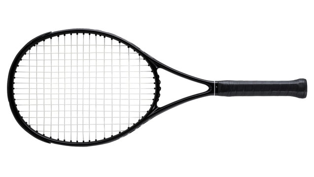 Black tennis racket with white strings and black grip
