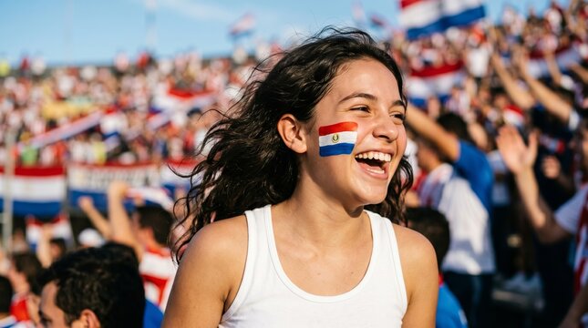 A cheerful female football fan with a Paraguay flag painted on her cheek smiles in a crowded stadium.
