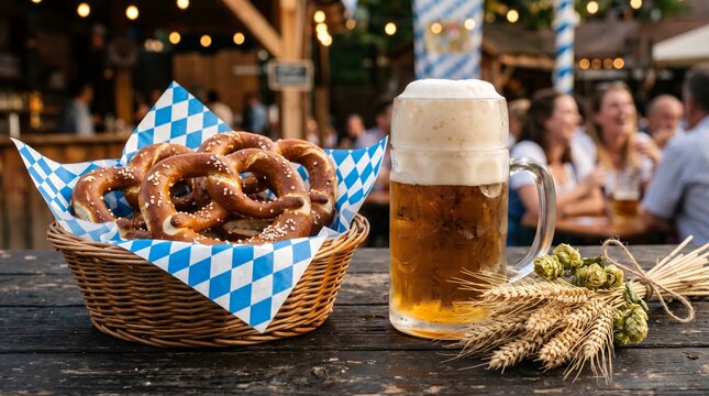 Traditional German Oktoberfest Celebration With Beer and Pretzels Arrangement on Rustic Table
