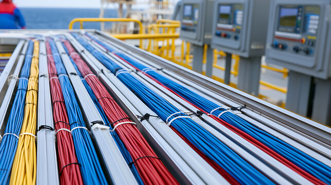 Vibrant electrical cables neatly organized on a tray, showcasing a complex network for industrial energy or data transfer, outdoor bright day