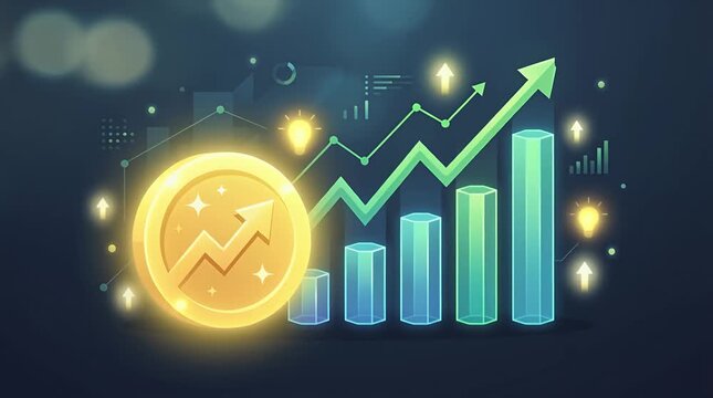 Golden Coin with Upward Trend Graphs and Light Bulbs on Dark Background