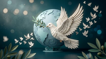 Fototapeta premium Majestic White Dove Carrying Olive Branch Around a Stylized Earth with Flocking Birds Composition