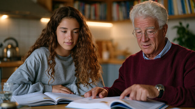 A granddaughter age sixteen and her grandfather age seventy four sit side by side at a kitchen table over open textbooks during back to school season, the elder pointing to a passage about history h
