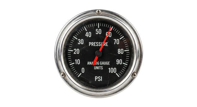 Analog pressure gauge with red needle indicating PSI units on a black dial
