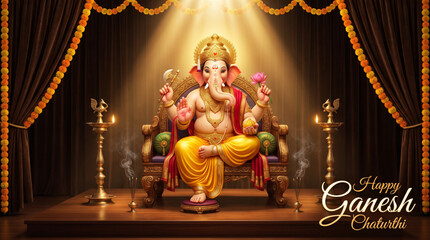 Fototapeta premium Lord Ganesha Seated on Sacred Throne with Brass Oil Lamps and Temple Stage for Ganesh Chaturthi Greeting Banner