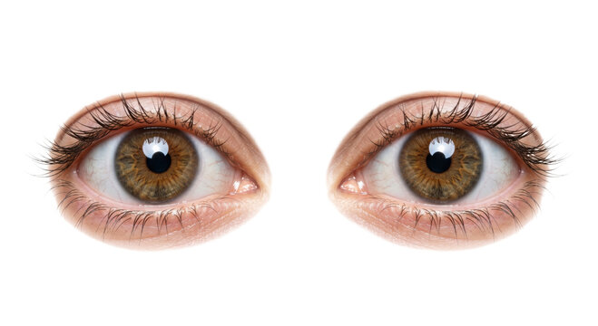 Close-up of two human eyes with brown irises and long eyelashes