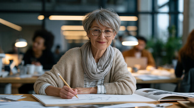 Retired art director age sixty four sits in a co working space surrounded by young designers, sketching in a large pad with confident strokes, her portfolio open on the table, career reinvention ene