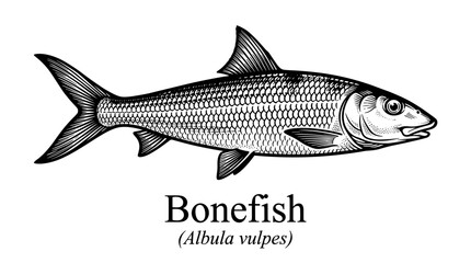 Fototapeta premium Bonefish fish illustration vintage style black and white drawing