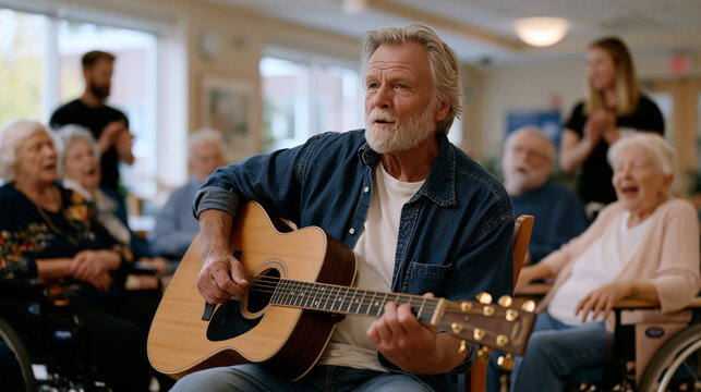 Seventy three year old man with a guitar sits in a semicircle of wheelchair users at a long term care facility, music therapist standing nearby clapping rhythm, several residents mouthing lyrics, on