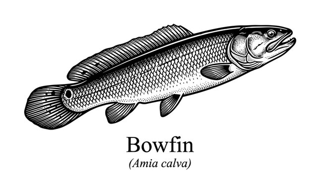Bowfin fish Amia calva illustration in vintage woodcut style