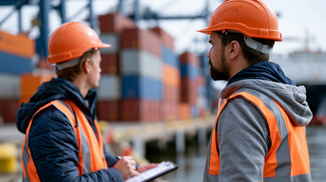 Shipping containers stacked unevenly at a congested seaport, dock workers in safety vests observing a delayed vessel from the pier, supply chain disruption, port congestion crisis, global freight ba