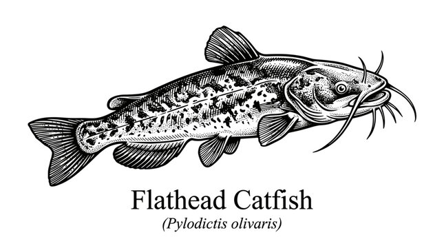 Flathead catfish illustration in vintage woodcut style