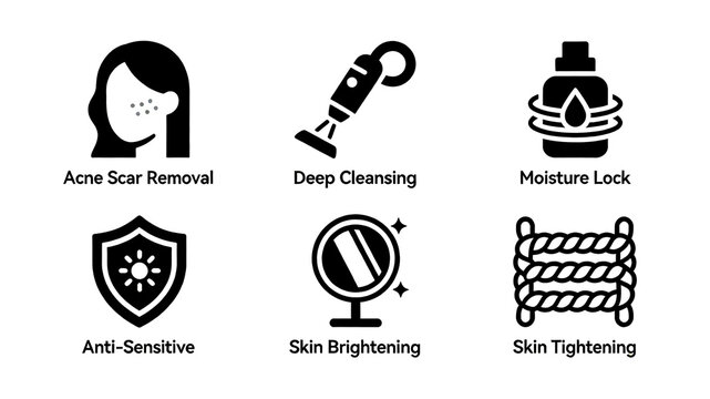 Six acne skin rejuvenation efficacy icons represent the acne skin care concept of lightening acne scars, deep cleansing, locking in water, anti allergic brightening, and firming the skin.
