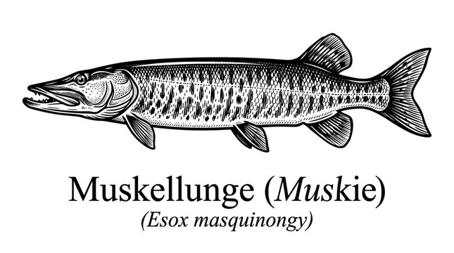 Muskellunge fish illustration in vintage engraving style