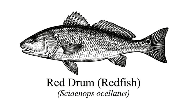 Red drum fish illustration in vintage engraving style