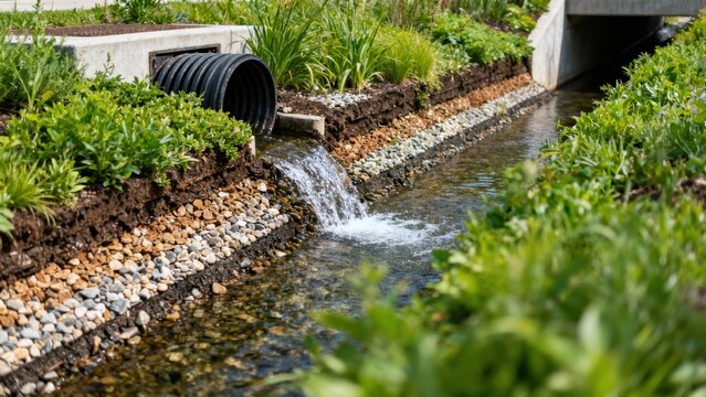 Black corrugated plastic drainage pipe emptying clear stormwater runoff into a bioswale channel lined with layered gravel and dense green vegetation.