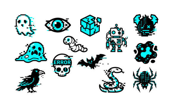 A unique collection of digital glitch art icons featuring spooky creatures, abstract shapes, and error-style visual effects, perfect for modern graphic design and multimedia projects