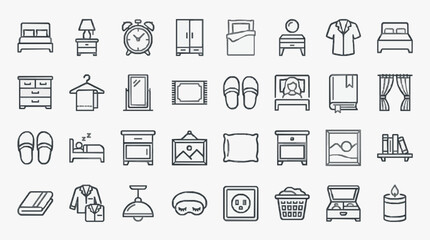 Fototapeta premium Industrial Minimalist Line Drawing Icons Set of Monochrome Bedroom and Travel Essentials with Flat Design Style