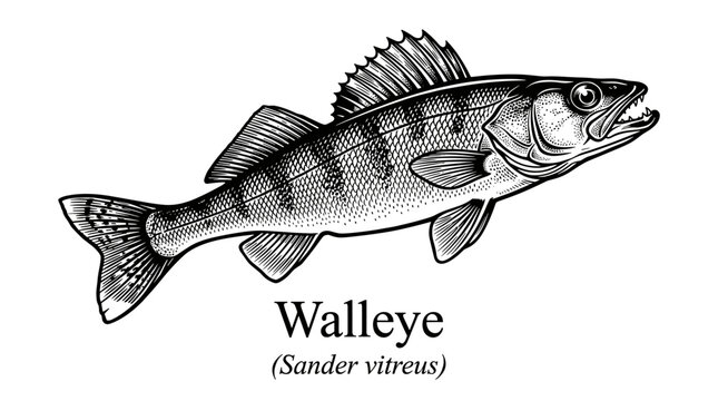 Walleye fish illustration in vintage engraving style