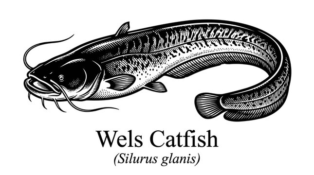 Wels catfish vintage woodcut engraving illustration isolated on white
