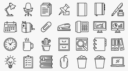 Fototapeta premium Modern Black and White Line Icons Set Featuring Office Study and Productivity Symbols with high quality professional line art symbols for modern creative design and digital branding projects