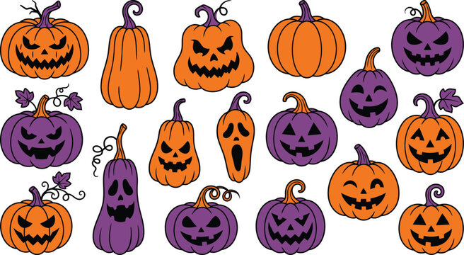 Halloween color vector pumpkins spooky jack o' lantern illustration set