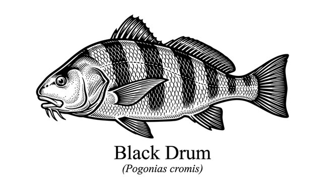 Black Drum fish hand drawn engraving illustration