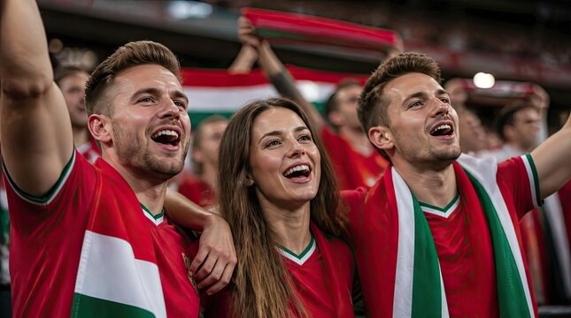 Excited Group of Sports Fans Cheering in Stadium Wearing National Colors with Joyful Expressions