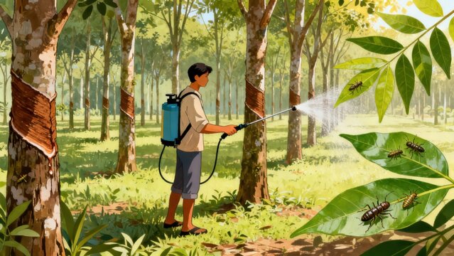 Farmer uses blue backpack sprayer applying pesticide chemical mist onto large green leaves hosting tropical insects within a dense rubber tree plantation.