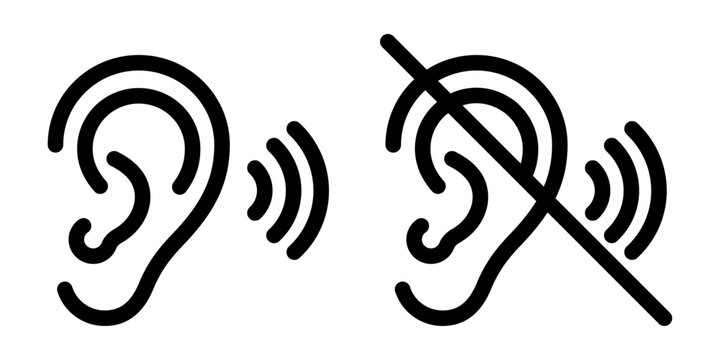 Hearing and hearing impaired outline icon set. Vector pictograms with ear, sound waves and muted hearing symbol for accessibility, healthcare, public signage and user interfaces.