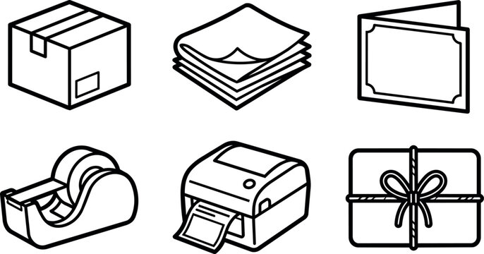 Black and white icons of box tape dispenser printer greeting card and gift package