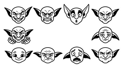 Fototapeta premium Set of twelve stylized goblin faces showing various emotions and expressions, black and white line art vector illustrations