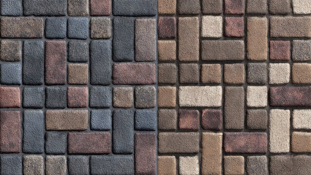 Colorful interlocking pavers pattern in warm and cool tones for outdoor design