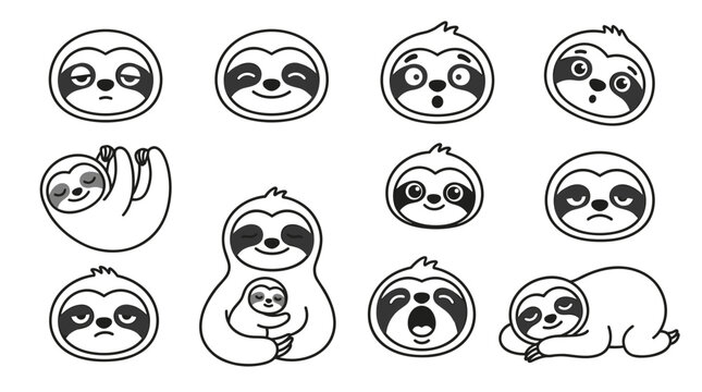 Set of cute sloth emoticons and icons, displaying various emotions and actions, hand-drawn outline style, perfect for sticker packs and social media