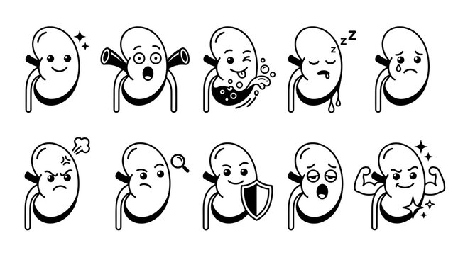 Set of ten cute black and white kidney icons, each with unique facial expressions and poses, representing emotions and health, isolated on a white