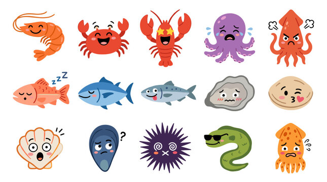 Collection of cute marine animals and sea creatures with different emotions, isolated on white background
