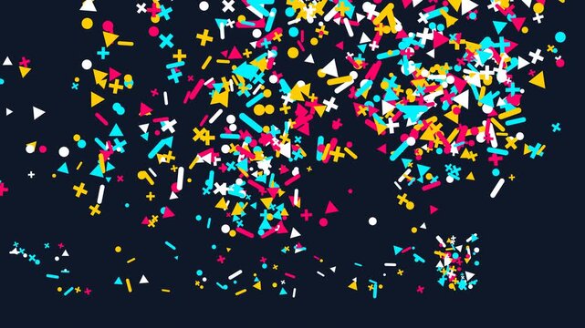 Vibrant Memphis Pop Art Motion Background. A dynamic seamless loop of colorful geometric shapes and abstract symbols on a dark surface, perfect for modern design and party visuals