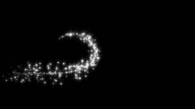 Sparkling star twinkle glitter white cartoon doodle animation, twinkling glitter stars line animation, a shimmering starlight trail on a black screen background in vibrant 4K.