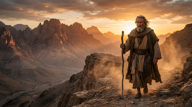 Ancient prophet with staff walking along a dusty mountain path at sunset