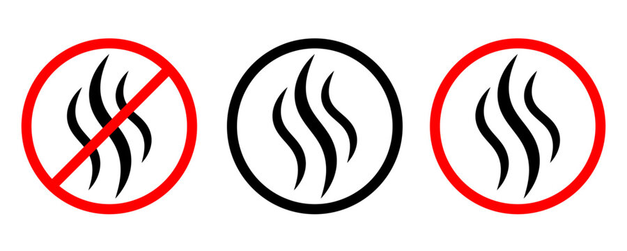Anti bad smell icon. Odor control label. Forbidden flavors symbol. Strong flavors are not allowed. Deodorant sign. No perfume icon. Forbidden smoke. Vector illustration isolated on white background.