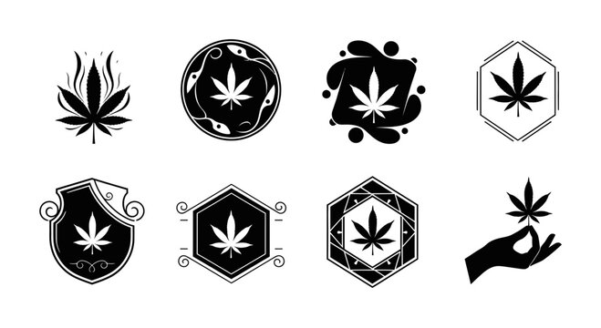 Minimal black cannabis leaf icon inside a circular outline on a clean white background. Simple monochrome vector-style logo design representing cannabis, marijuana, hemp, herbal products, CBD, and bot