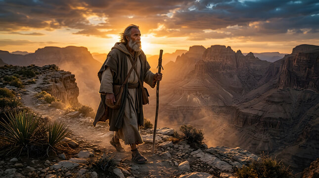 Old testament prophet walking along a dramatic canyon edge at sunset