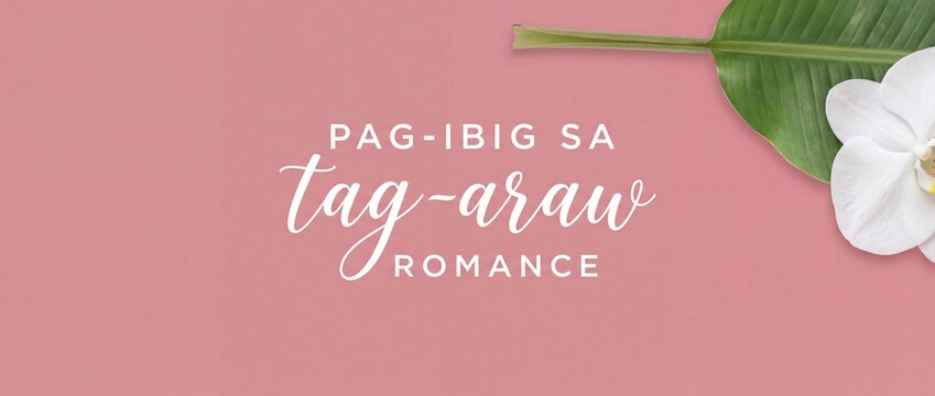 Tagalog summer love romance banner with white orchid flower and green leaf flat lay on pink background. Filipino text design for greeting card, book cover, and tropical wedding invitation layout.