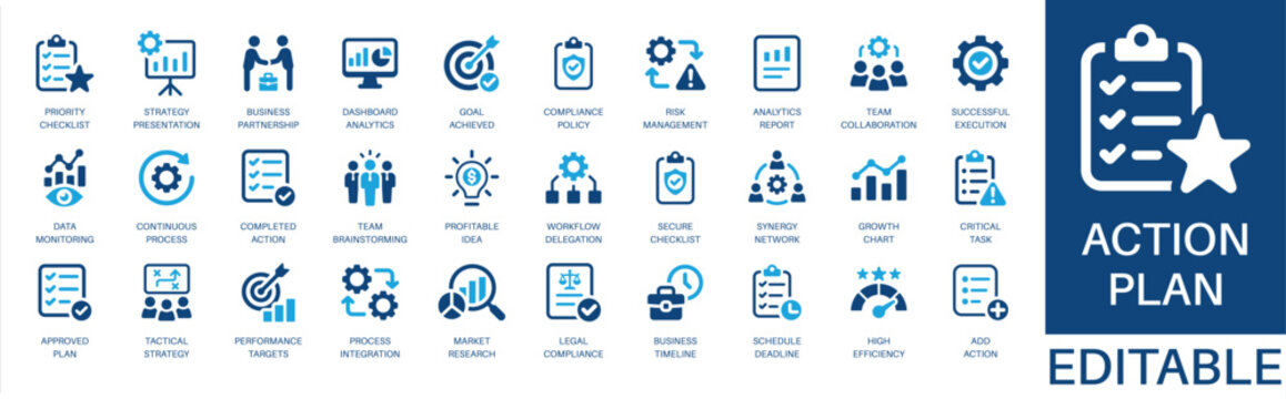 Action plan and strategy solid icon set. Featuring risk management, market research, team collaboration, legal compliance, and goal achieved. Editable vector glyphs for project planning and audit.