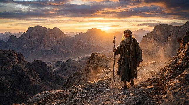 Ancient man with staff walking on a rugged mountain path at sunrise, vast desert landscape, biblical journey